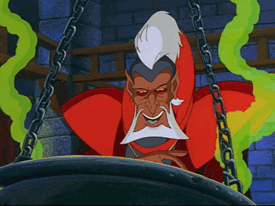 Asteroth, a wizard with pointed ears, a white beard and plume of white hair, gazing into a cauldron