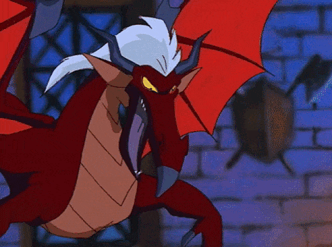 Astedroth morphed into a red dragon with a plume of white hair