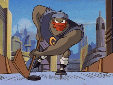 Grin as an angry child, skating along with a hockey stick and puck