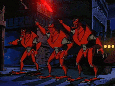vicious red and gray robots with glowing red eyes, shooting lasers from their hands