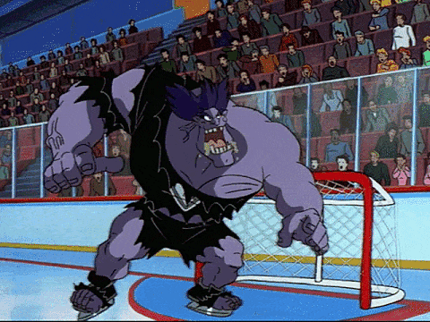 Mutant Stanley ripping a goal from the ice, then rolling it up into a ball and hurling it into the stands