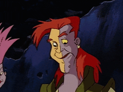 Thrash as a mutant in the future, with a face that's half yellow and half purple