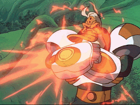 Wildwing blocking enemy fire and shooting pucks back