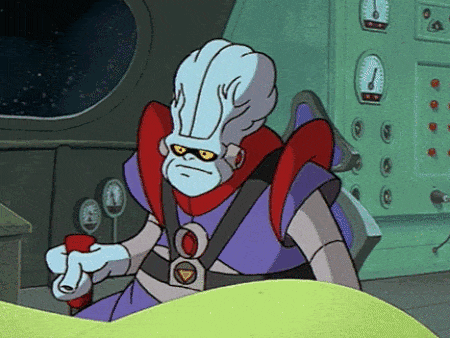 a short blue alien with a bulbous head and suction-cup like fingers
